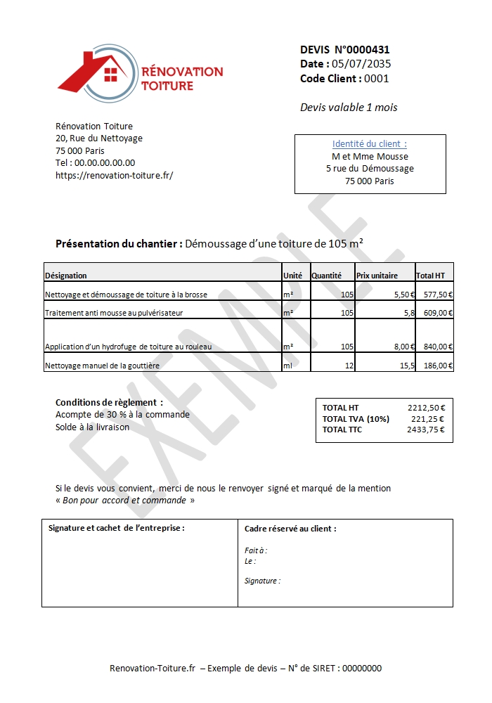 Modèle devis nettoyage toiture