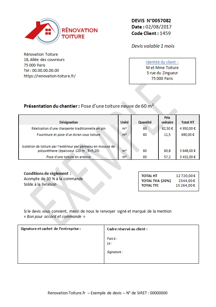 Exemple de devis toiture